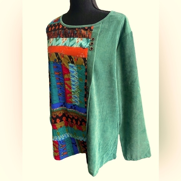 Zanzea Mixed Media Corduroy Top Ethnic Print Buttoned Women’s XXL Green Spl… - Picture 12 of 14
